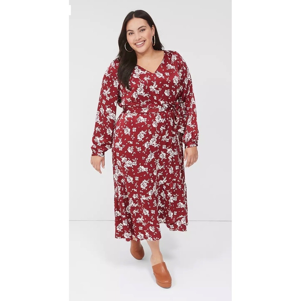 Lane Bryant Red Floral Wrap Midi Dress Long Sleeve Tie Waist Size 24